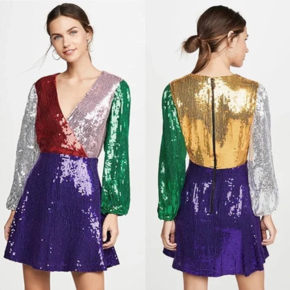 NWT Alice + Olivia Long Sleeve V-Neck Blaze Colorblock Sequin Mini Dress Sz: 6